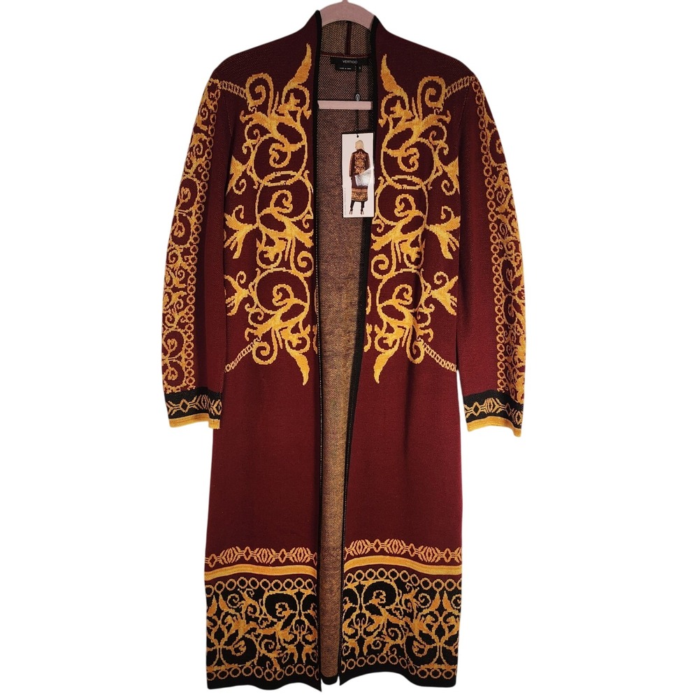 NWT Vertigo Women's Cardigan Duster Garnet Gold Baroque Knit Long Sleeve Small